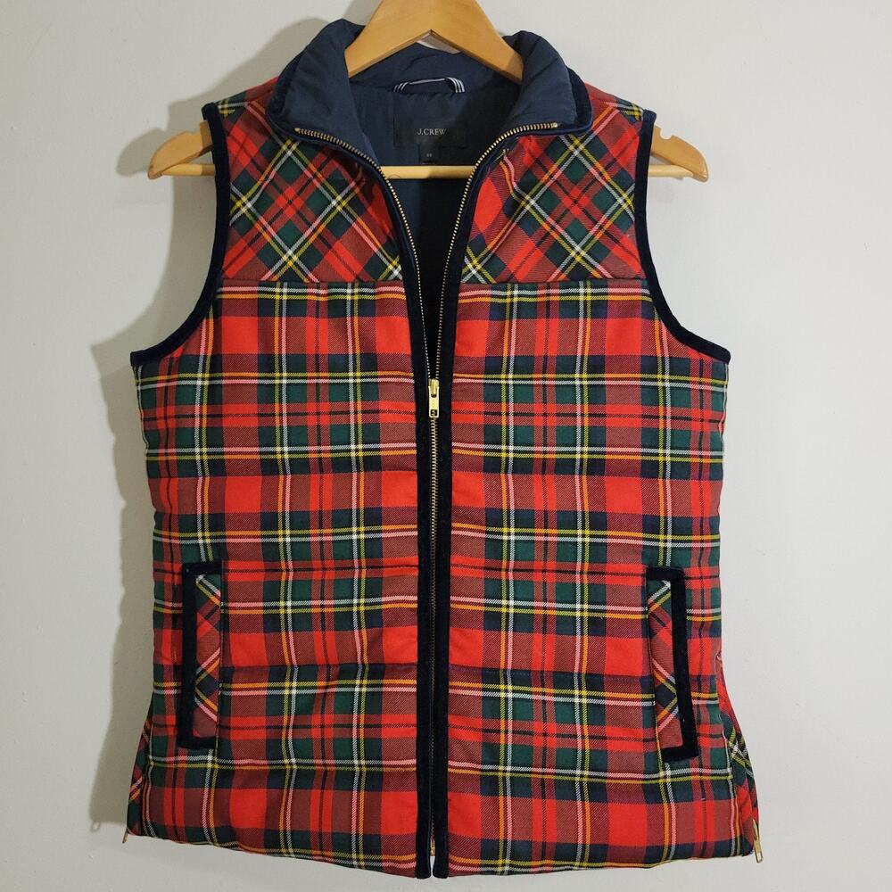 J. CREW Tartan Plaid Mountain Wool Blend Puffer Vest Sz XS Red Velvet Trim